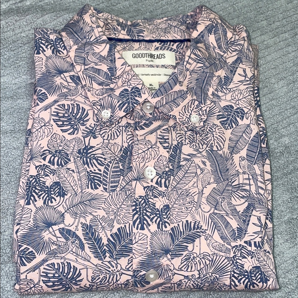 Goodthreads  Short Sleeve Button Down Pink & Blue Tropical Theme Shirt. X Large